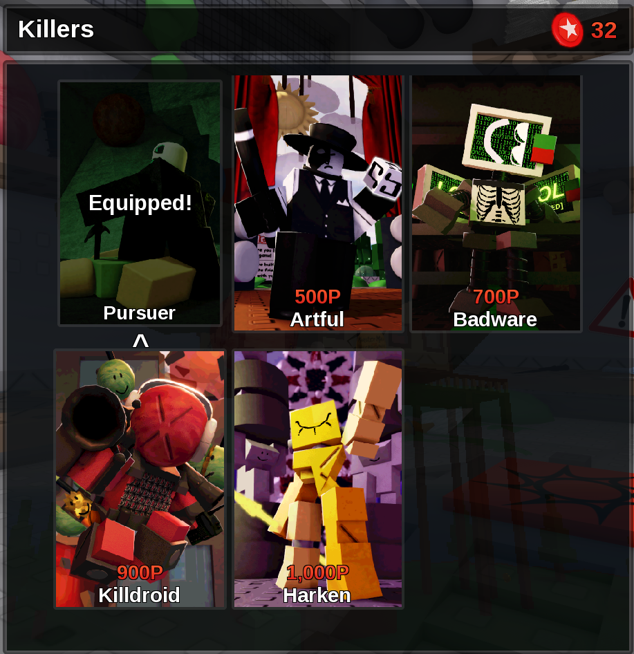 Die of Death character select screen - Pursuer Harken Killdroid Badware Devesto Mequot Artful