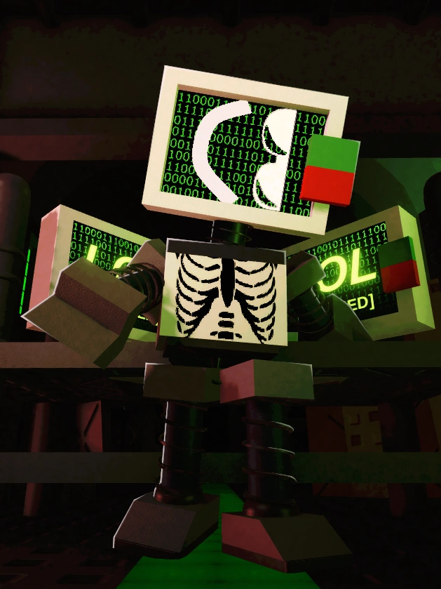 Die of Death Badware character render, glitch virus pursuer with corrupted visuals